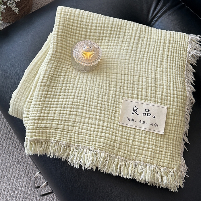 吉象家纺 2025新款全棉纯棉四层纱流苏毯盖毯毯子 优雅-浅绿