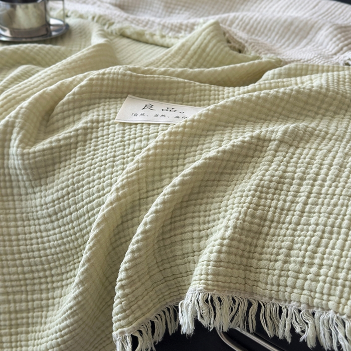 91家纺网 家纺一手货源 找家纺 吉象家纺 2025新款全棉纯棉四层纱流苏毯盖毯毯子 优雅-浅绿