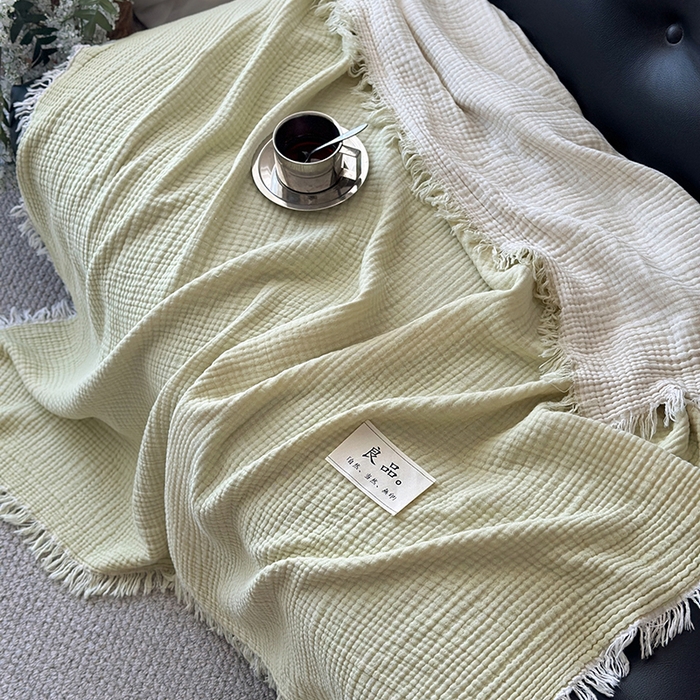 91家纺网 家纺一手货源 找家纺 吉象家纺 2025新款全棉纯棉四层纱流苏毯盖毯毯子 优雅-浅绿