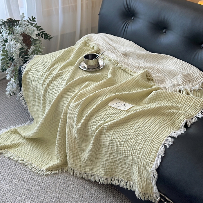 91家纺网 家纺一手货源 找家纺 吉象家纺 2025新款全棉纯棉四层纱流苏毯盖毯毯子 优雅-浅绿
