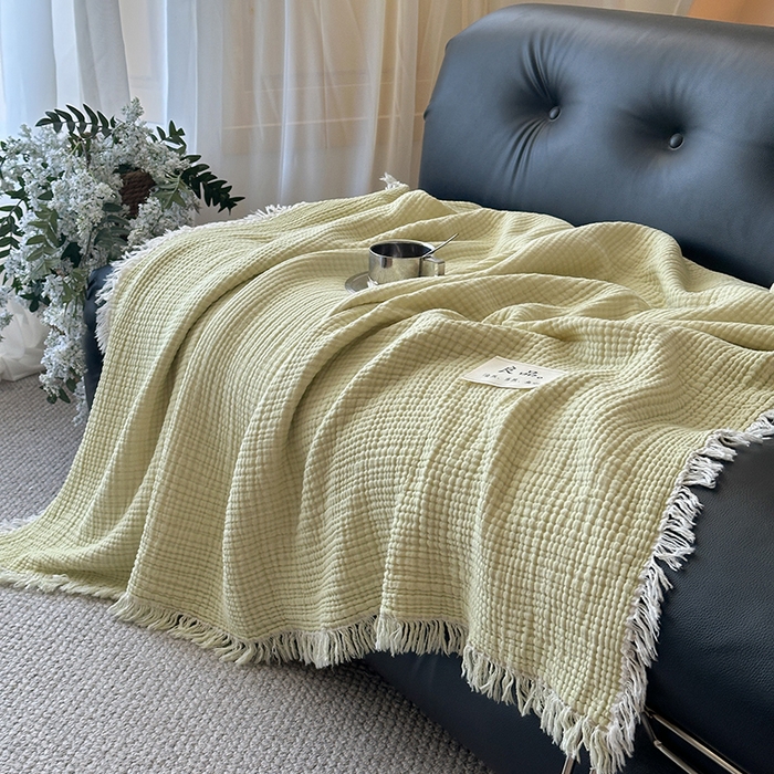 91家纺网 家纺一手货源 找家纺 吉象家纺 2025新款全棉纯棉四层纱流苏毯盖毯毯子 优雅-浅绿