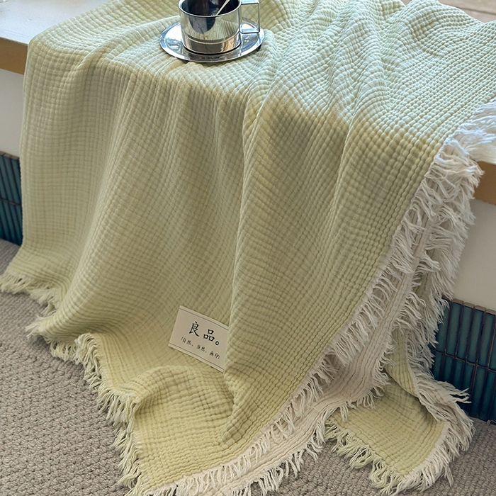 91家纺网 家纺一手货源 找家纺 吉象家纺 2025新款全棉纯棉四层纱流苏毯盖毯毯子 优雅-浅绿