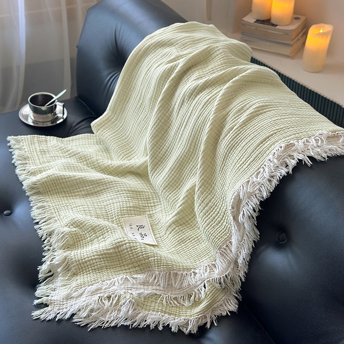 91家纺网 家纺一手货源 找家纺 吉象家纺 2025新款全棉纯棉四层纱流苏毯盖毯毯子 优雅-浅绿
