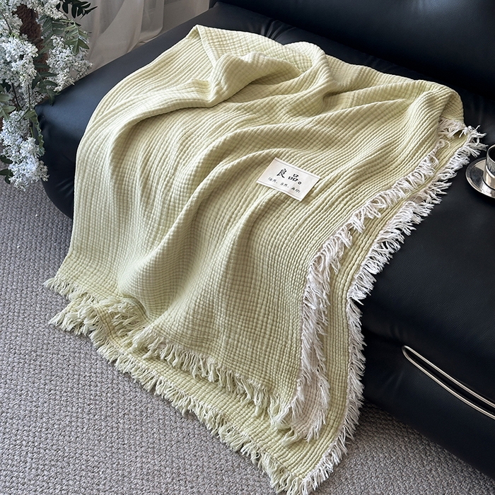 91家纺网 家纺一手货源 找家纺 吉象家纺 2025新款全棉纯棉四层纱流苏毯盖毯毯子 优雅-浅绿