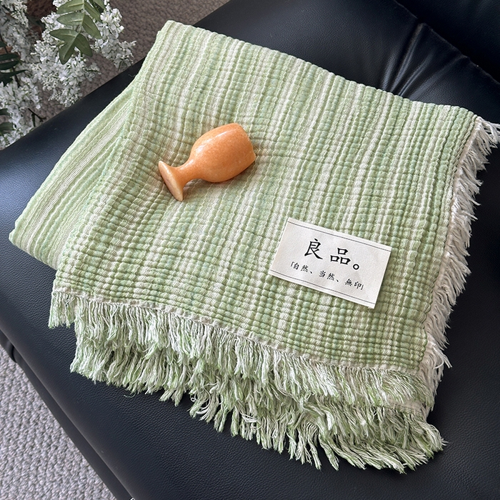 吉象家纺 2025新款全棉纯棉四层纱流苏毯盖毯毯子 优雅-水绿