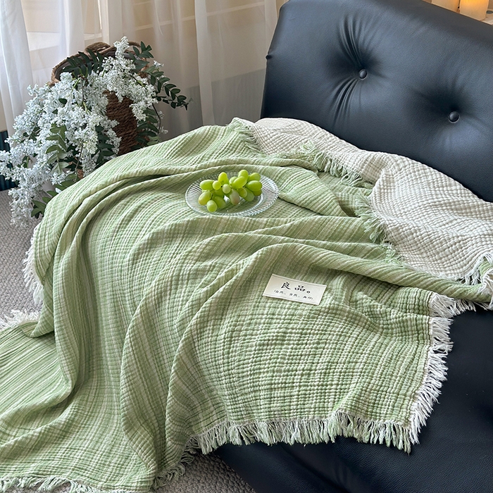 91家纺网 家纺一手货源 找家纺 吉象家纺 2025新款全棉纯棉四层纱流苏毯盖毯毯子 优雅-水绿