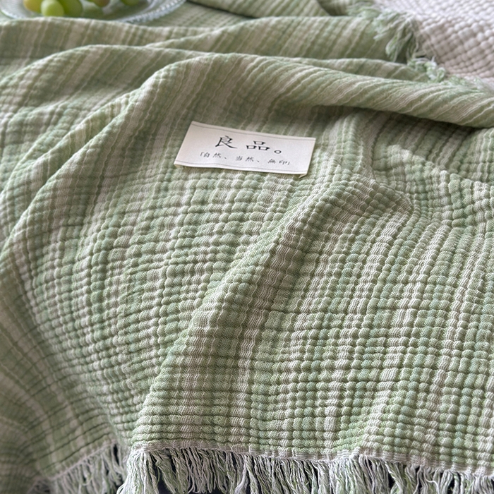 91家纺网 家纺一手货源 找家纺 吉象家纺 2025新款全棉纯棉四层纱流苏毯盖毯毯子 优雅-水绿