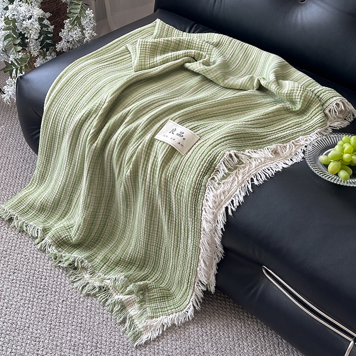 91家纺网 家纺一手货源 找家纺 吉象家纺 2025新款全棉纯棉四层纱流苏毯盖毯毯子 优雅-水绿