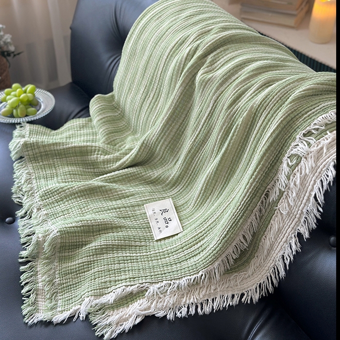 91家纺网 家纺一手货源 找家纺 吉象家纺 2025新款全棉纯棉四层纱流苏毯盖毯毯子 优雅-水绿