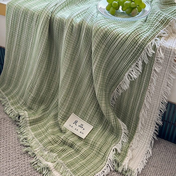91家纺网 家纺一手货源 找家纺 吉象家纺 2025新款全棉纯棉四层纱流苏毯盖毯毯子 优雅-水绿