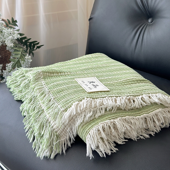 91家纺网 家纺一手货源 找家纺 吉象家纺 2025新款全棉纯棉四层纱流苏毯盖毯毯子 优雅-水绿