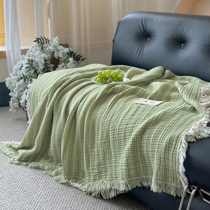 91家纺网 家纺一手货源 找家纺 吉象家纺 2025新款全棉纯棉四层纱流苏毯盖毯毯子 优雅-水绿