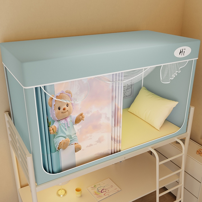 91家纺网 家纺一手货源 找家纺 安金蚊帐2025新款防蚊遮光一体99%强遮光学生宿舍上下铺遮光学生蚊帐-绿色系列 盼望熊