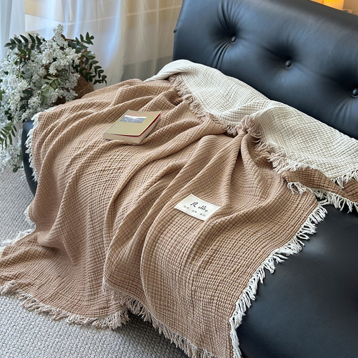 91家纺网 家纺一手货源 找家纺 吉象家纺 2025新款全棉纯棉四层纱流苏毯盖毯毯子 优雅-原卡其
