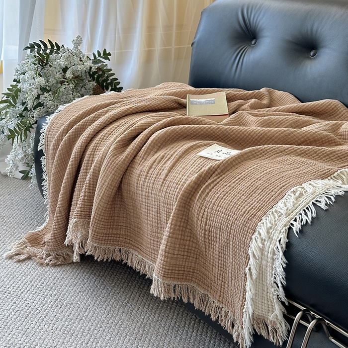 91家纺网 家纺一手货源 找家纺 吉象家纺 2025新款全棉纯棉四层纱流苏毯盖毯毯子 优雅-原卡其