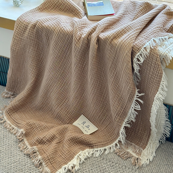 91家纺网 家纺一手货源 找家纺 吉象家纺 2025新款全棉纯棉四层纱流苏毯盖毯毯子 优雅-原卡其