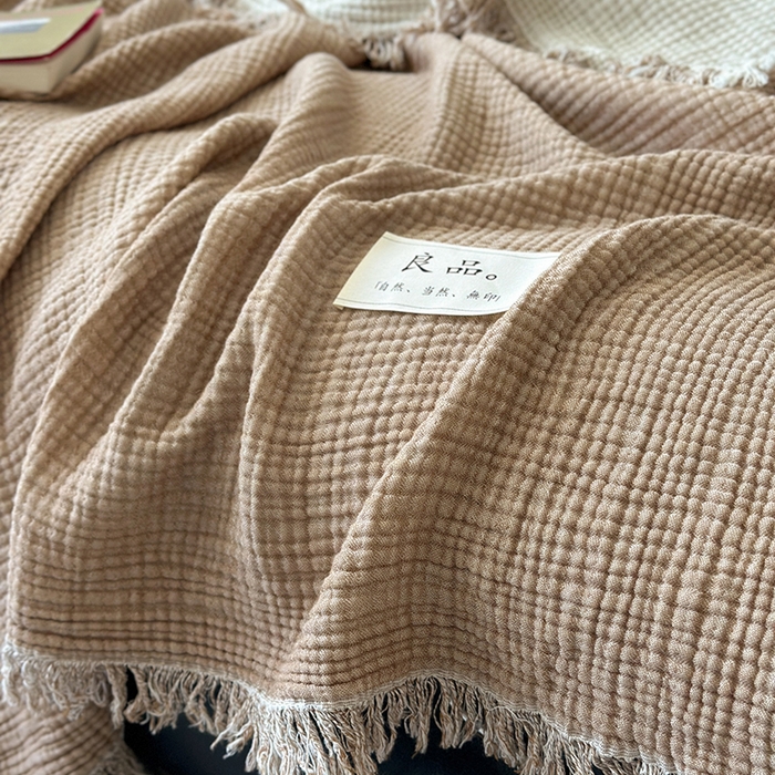 91家纺网 家纺一手货源 找家纺 吉象家纺 2025新款全棉纯棉四层纱流苏毯盖毯毯子 优雅-原卡其