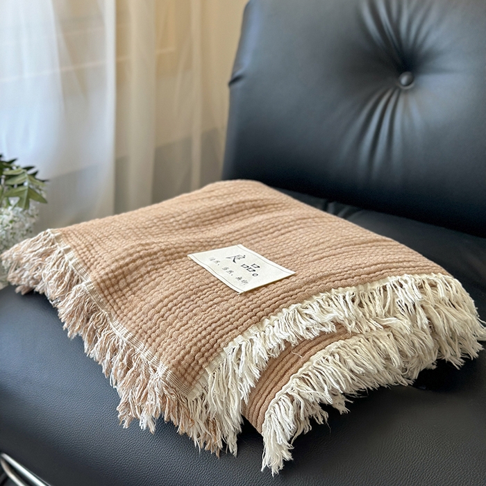 91家纺网 家纺一手货源 找家纺 吉象家纺 2025新款全棉纯棉四层纱流苏毯盖毯毯子 优雅-原卡其