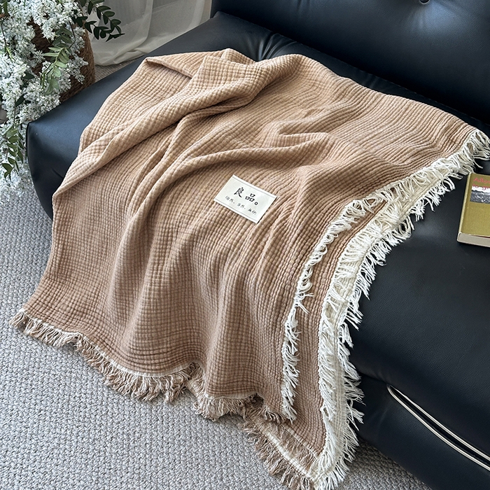 91家纺网 家纺一手货源 找家纺 吉象家纺 2025新款全棉纯棉四层纱流苏毯盖毯毯子 优雅-原卡其