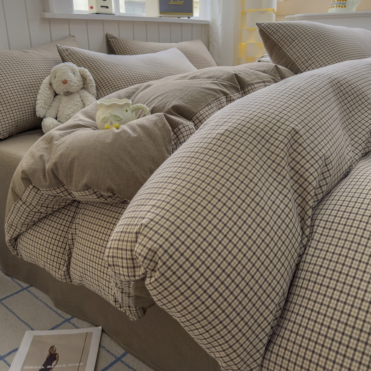 91家纺网 家纺一手货源 找家纺 晚依家纺 2025新款A类全棉色织水洗棉被套单件纯棉格子纯色学生宿舍被罩定制定做 沐风-米咖