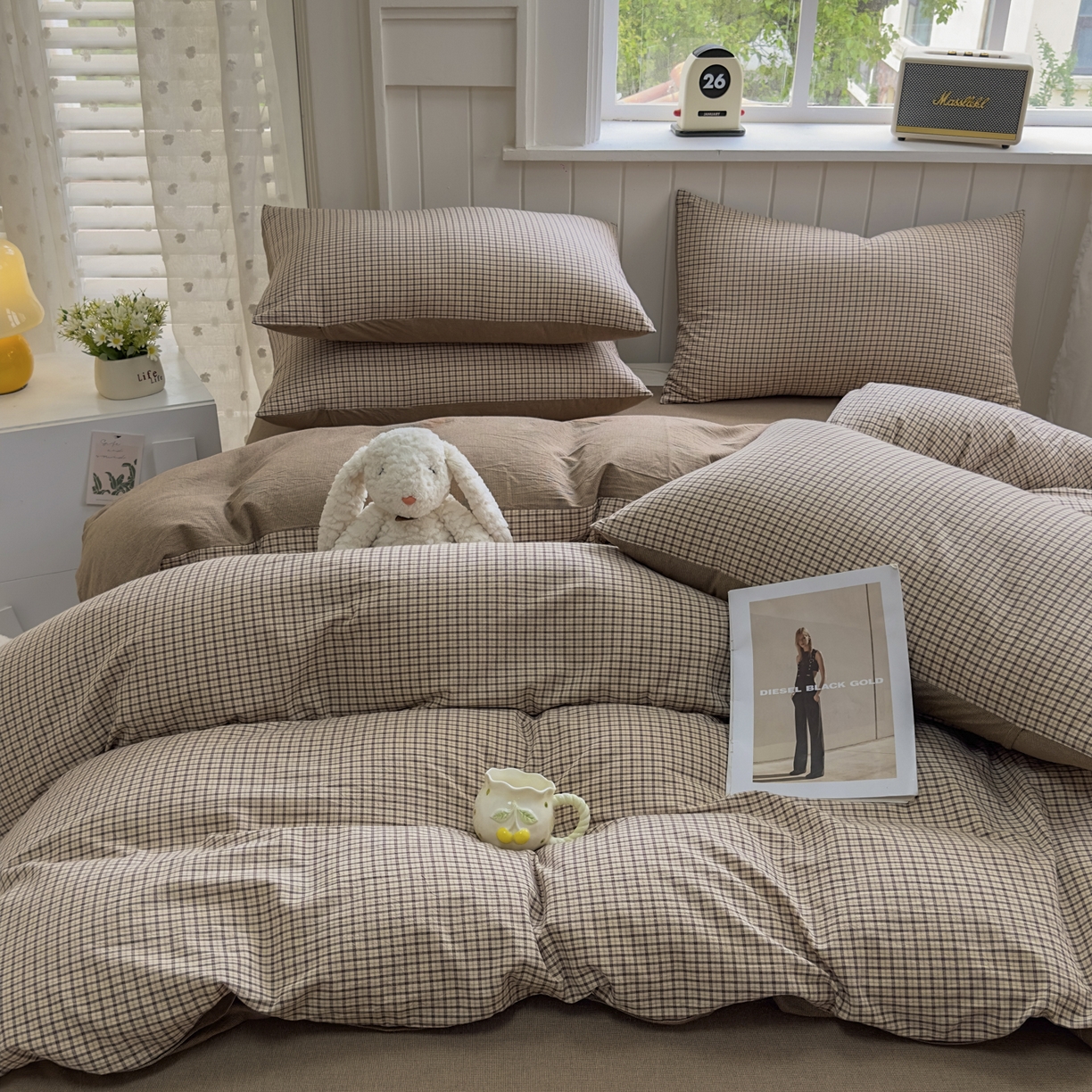 91家纺网 家纺一手货源 找家纺 晚依家纺 2025新款A类全棉色织水洗棉被套单件纯棉格子纯色学生宿舍被罩定制定做 沐风-米咖