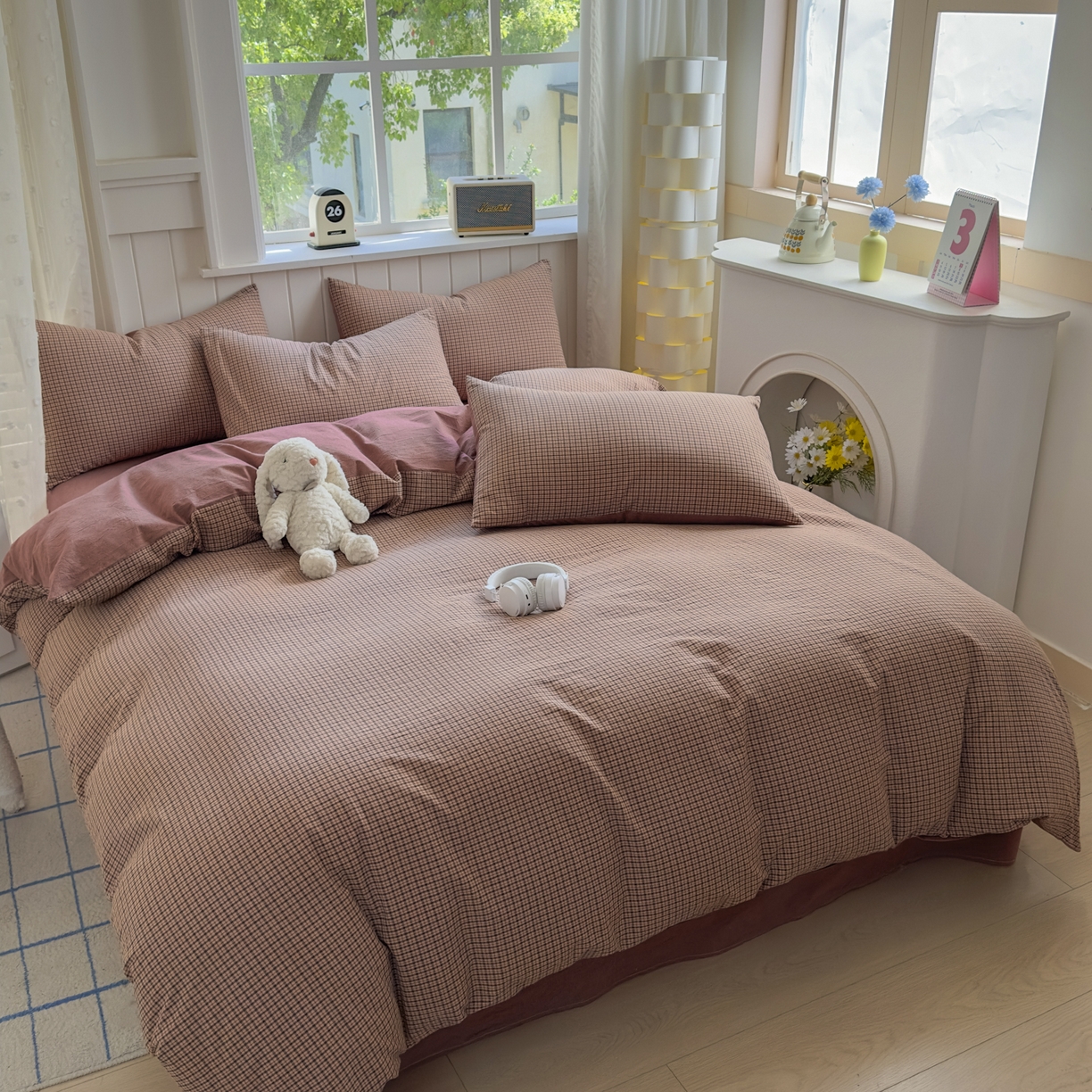 91家纺网 家纺一手货源 找家纺 晚依家纺 2025新款A类全棉色织水洗棉被套单件纯棉格子纯色学生宿舍被罩定制定做 沐风-粉红