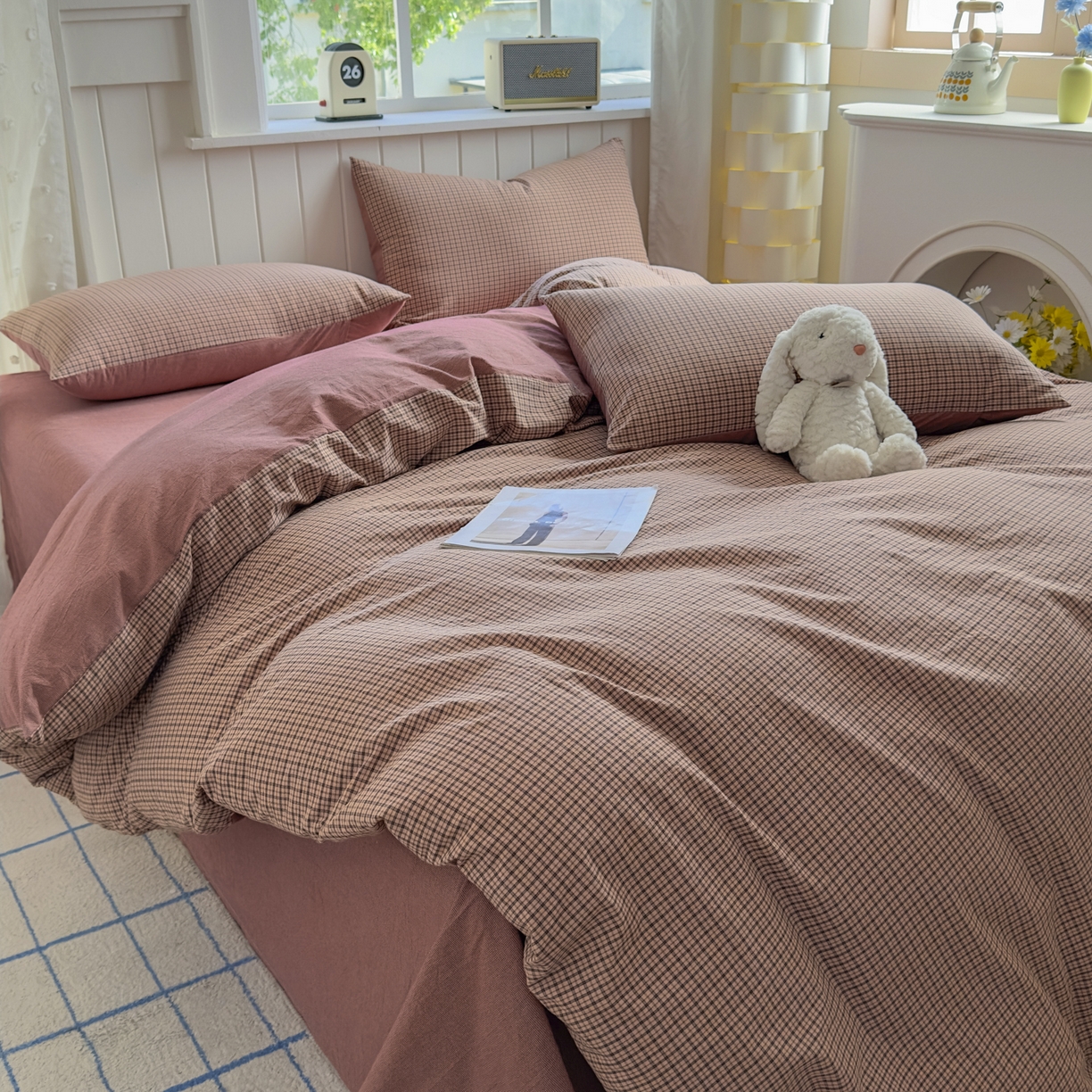 91家纺网 家纺一手货源 找家纺 晚依家纺 2025新款A类全棉色织水洗棉被套单件纯棉格子纯色学生宿舍被罩定制定做 沐风-粉红
