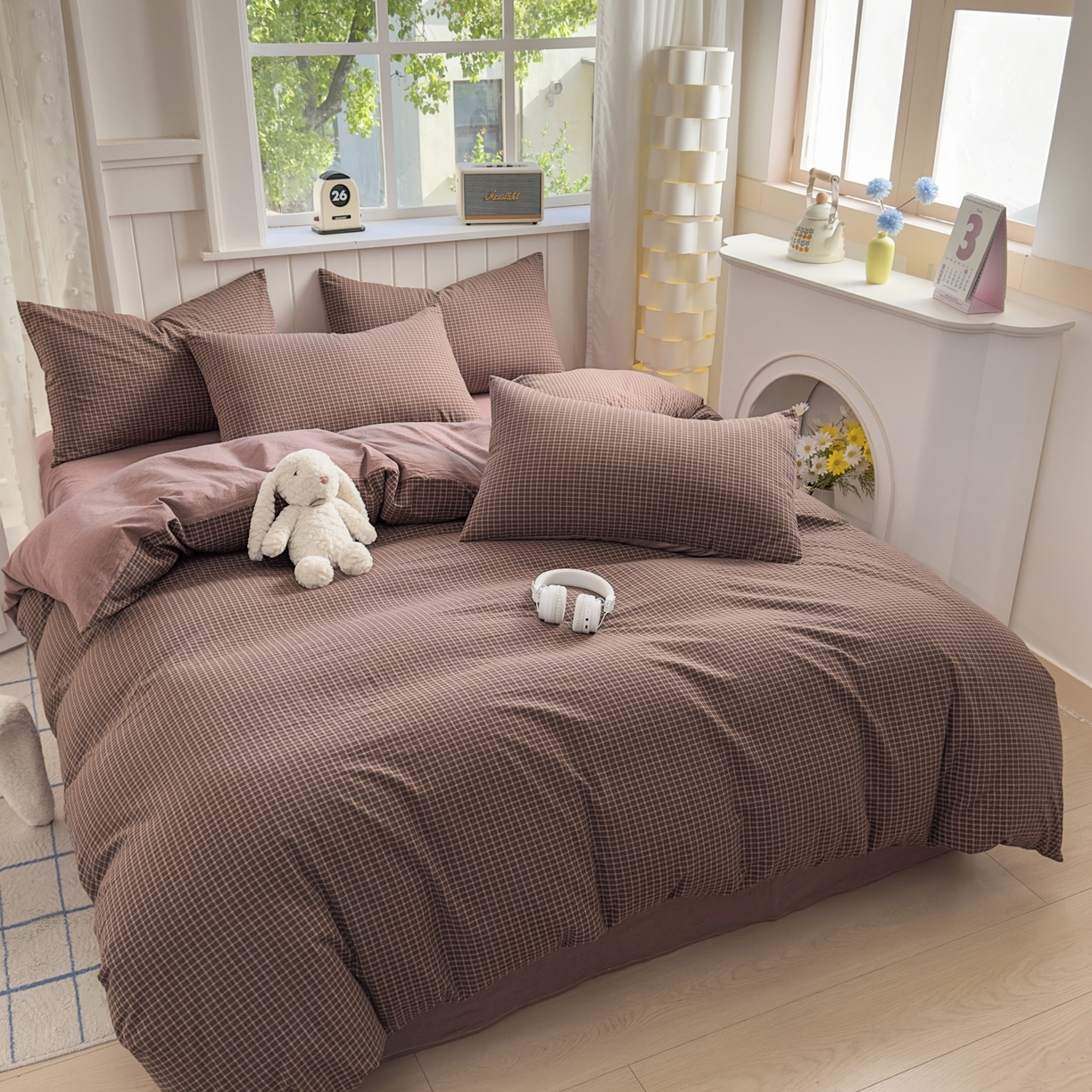 91家纺网 家纺一手货源 找家纺 晚依家纺 2025新款A类全棉色织水洗棉被套单件纯棉格子纯色学生宿舍被罩定制定做 沐风-焦糖