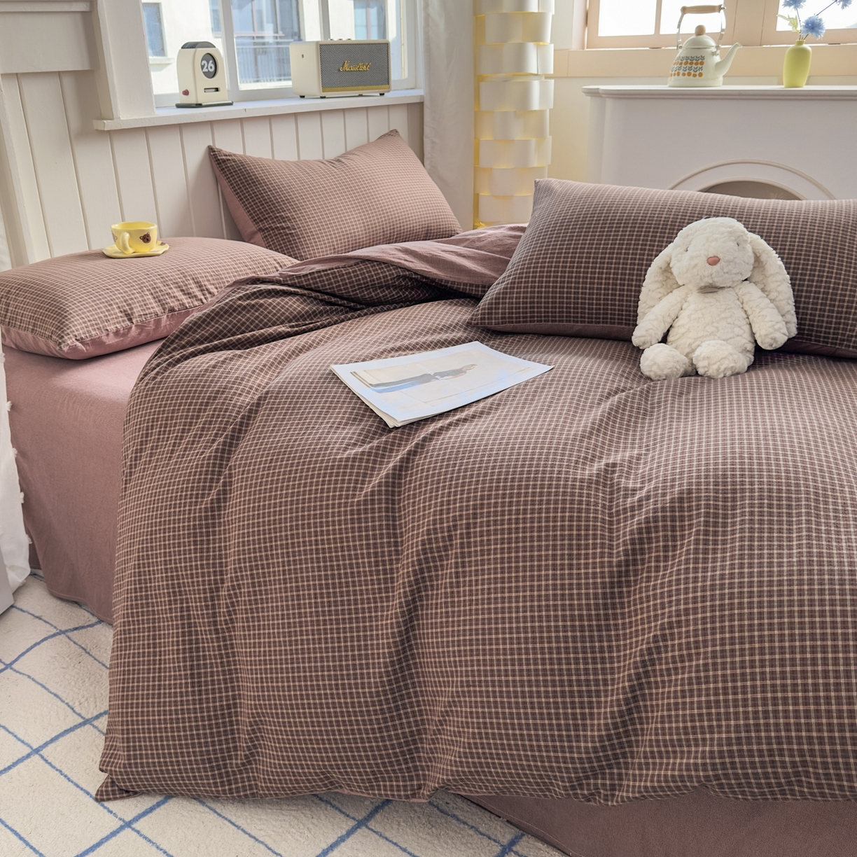 91家纺网 家纺一手货源 找家纺 晚依家纺 2025新款A类全棉色织水洗棉被套单件纯棉格子纯色学生宿舍被罩定制定做 沐风-焦糖