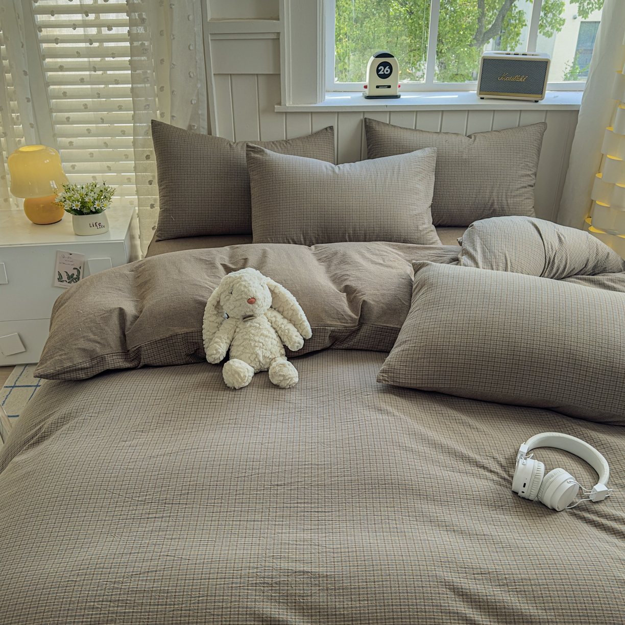 91家纺网 家纺一手货源 找家纺 晚依家纺 2025新款A类全棉色织水洗棉被套单件纯棉格子纯色学生宿舍被罩定制定做 沐风-兰咖