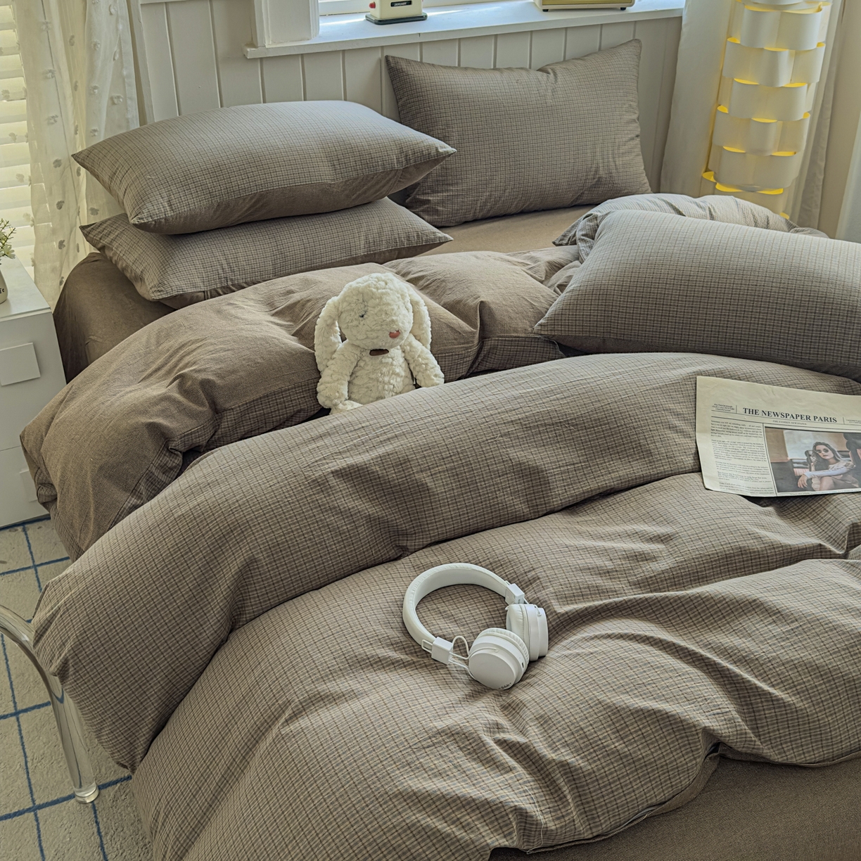 91家纺网 家纺一手货源 找家纺 晚依家纺 2025新款A类全棉色织水洗棉被套单件纯棉格子纯色学生宿舍被罩定制定做 沐风-兰咖