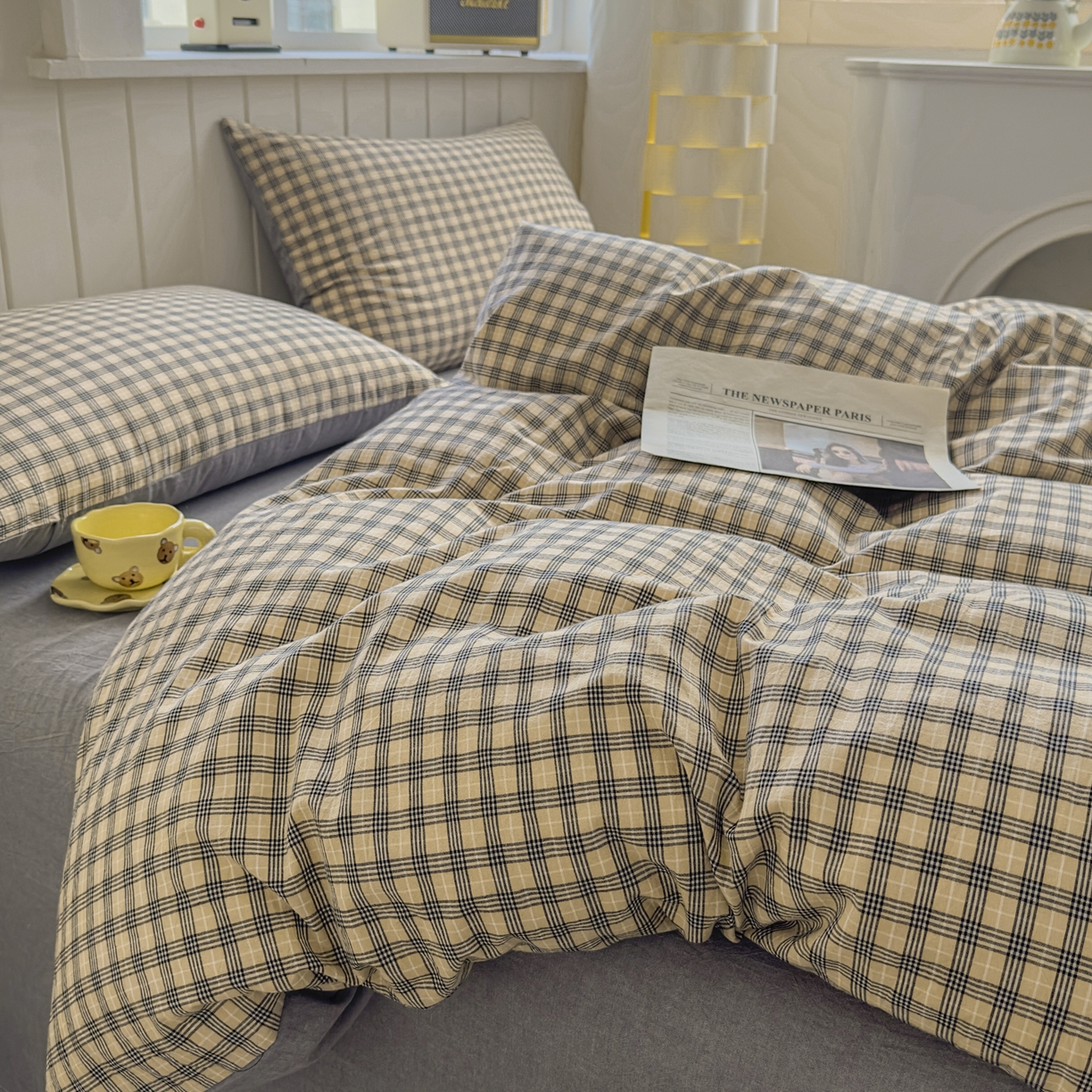 91家纺网 家纺一手货源 找家纺 晚依家纺 2025新款A类全棉色织水洗棉被套单件纯棉格子纯色学生宿舍被罩定制定做 春野-咖灰