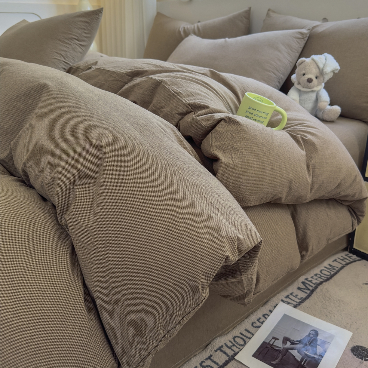 91家纺网 家纺一手货源 找家纺 晚依家纺 2025新款A类全棉色织水洗棉被套单件纯棉格子纯色学生宿舍被罩定制定做 纯棉素-咖