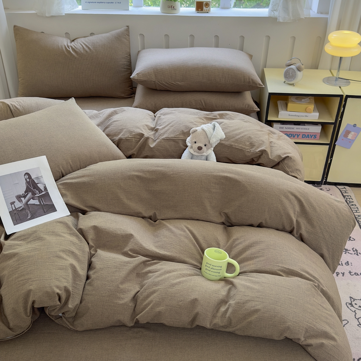 91家纺网 家纺一手货源 找家纺 晚依家纺 2025新款A类全棉色织水洗棉被套单件纯棉格子纯色学生宿舍被罩定制定做 纯棉素-咖