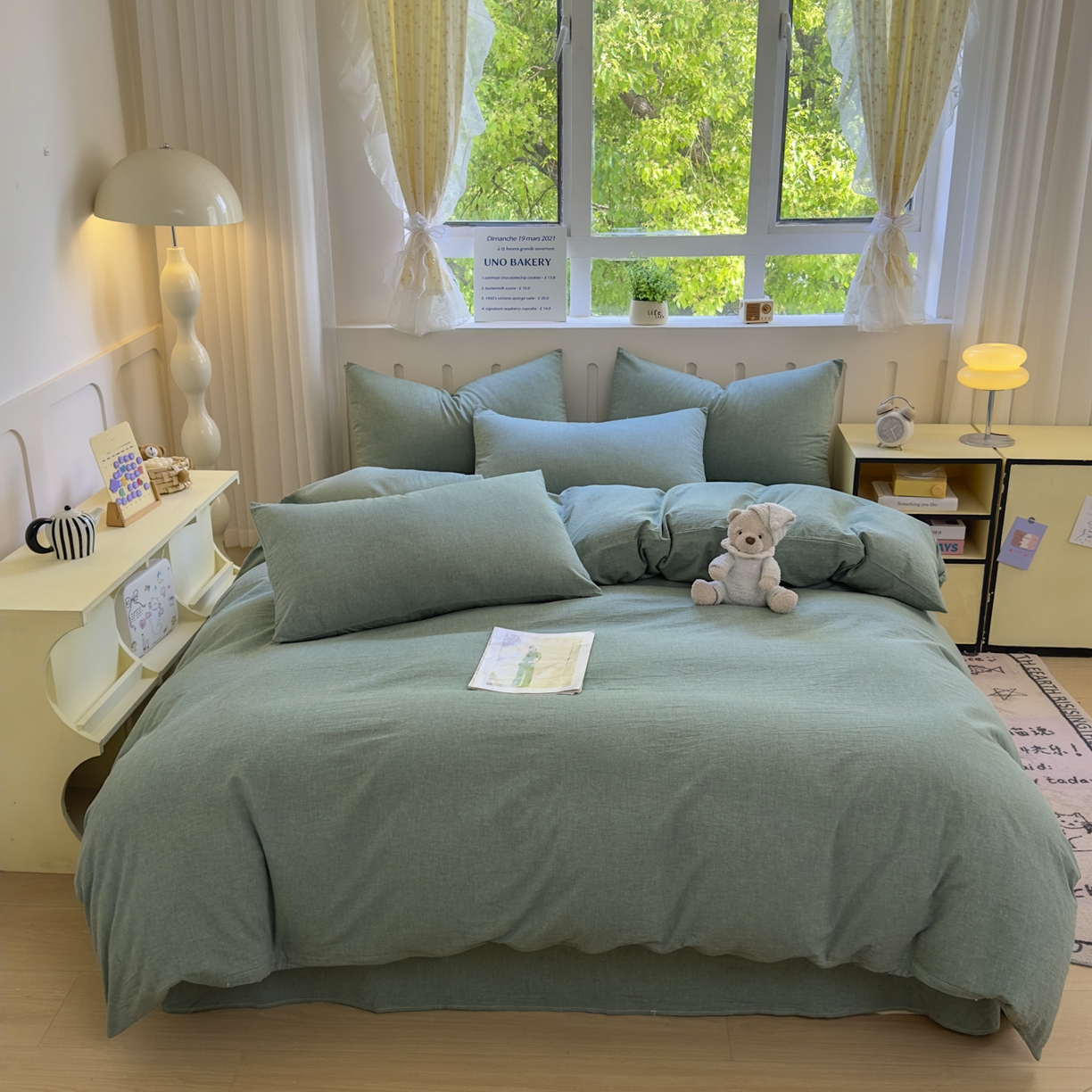 91家纺网 家纺一手货源 找家纺 晚依家纺 2025新款A类全棉色织水洗棉被套单件纯棉格子纯色学生宿舍被罩定制定做 纯色-草绿