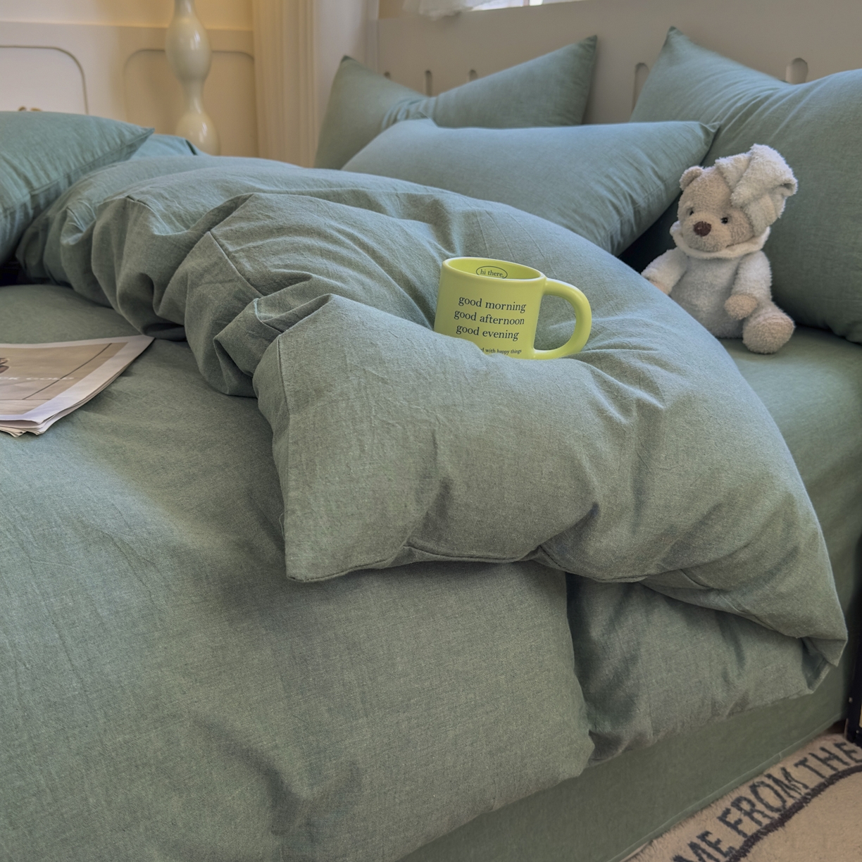 91家纺网 家纺一手货源 找家纺 晚依家纺 2025新款A类全棉色织水洗棉被套单件纯棉格子纯色学生宿舍被罩定制定做 纯色-草绿