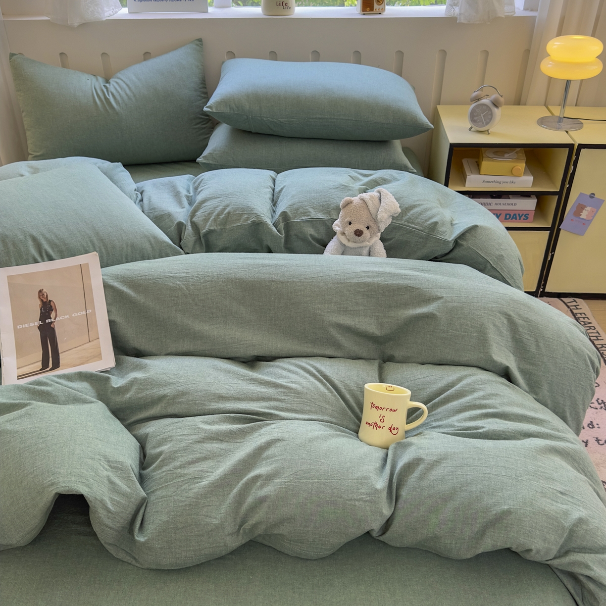 91家纺网 家纺一手货源 找家纺 晚依家纺 2025新款A类全棉色织水洗棉被套单件纯棉格子纯色学生宿舍被罩定制定做 纯色-草绿