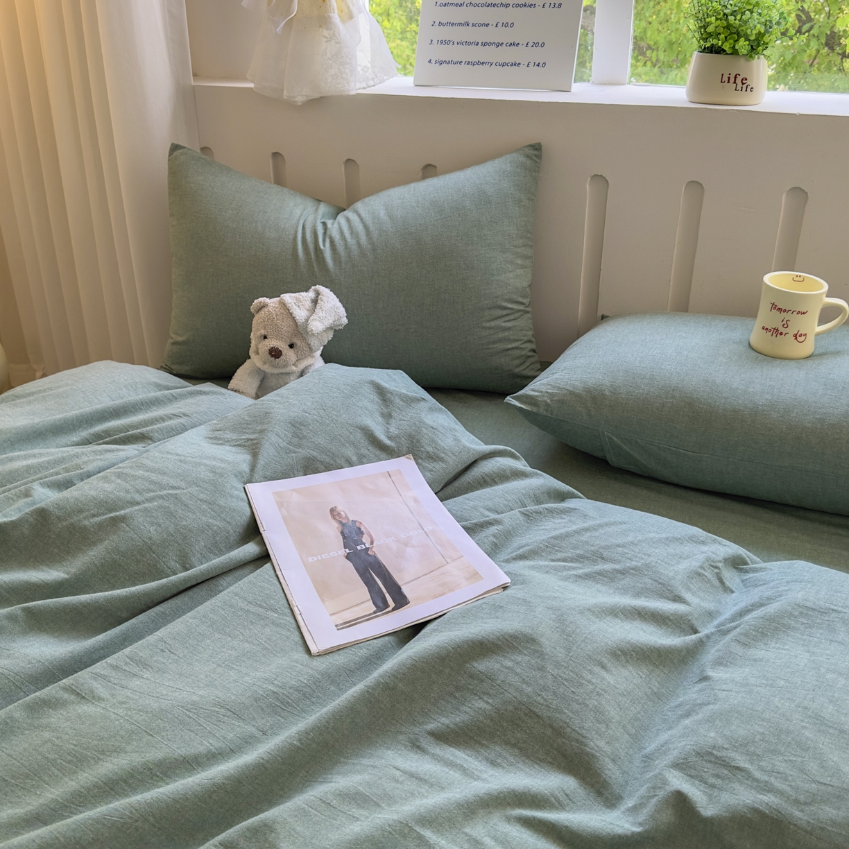 91家纺网 家纺一手货源 找家纺 晚依家纺 2025新款A类全棉色织水洗棉被套单件纯棉格子纯色学生宿舍被罩定制定做 纯色-草绿