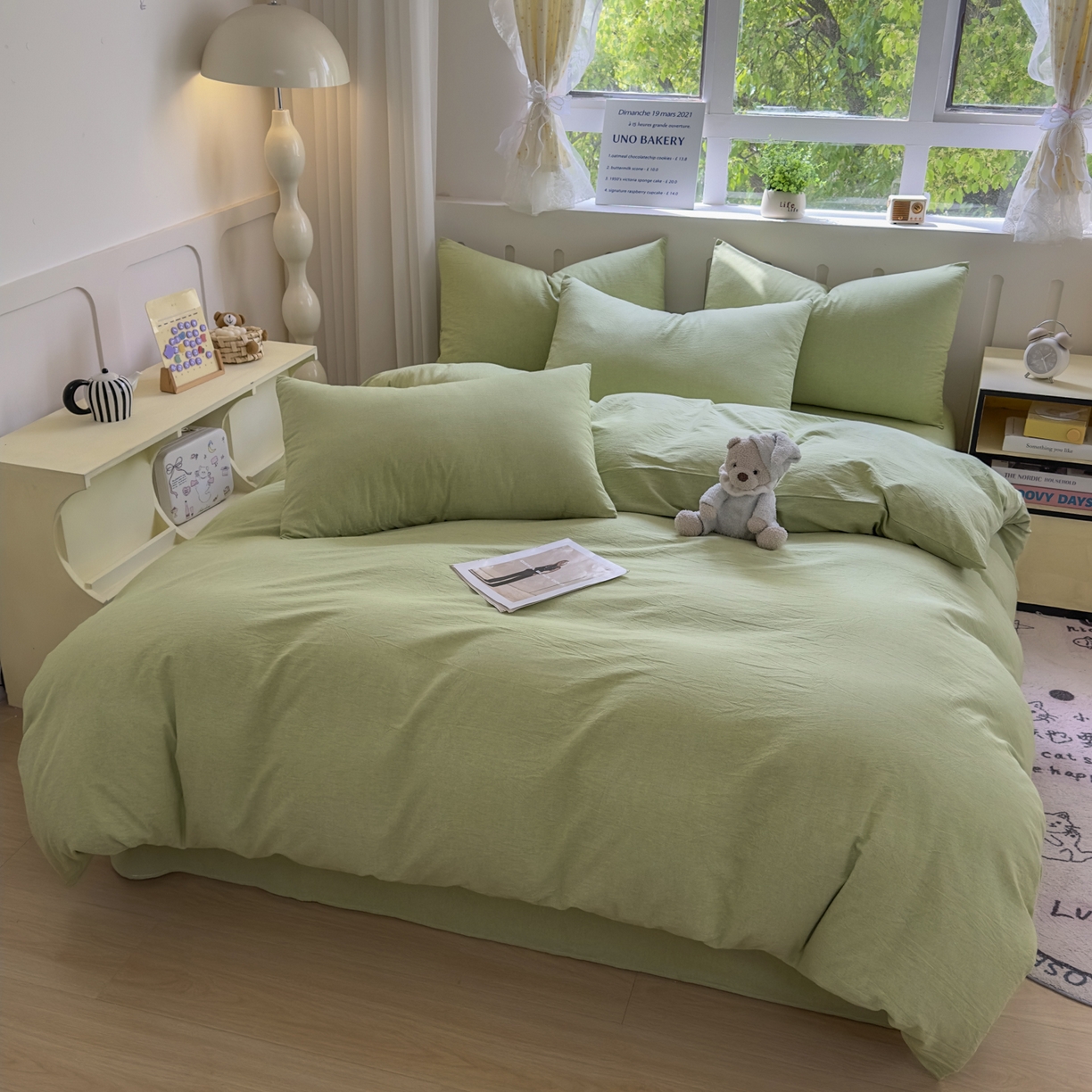 91家纺网 家纺一手货源 找家纺 晚依家纺 2025新款A类全棉色织水洗棉被套单件纯棉格子纯色学生宿舍被罩定制定做 纯色-果绿