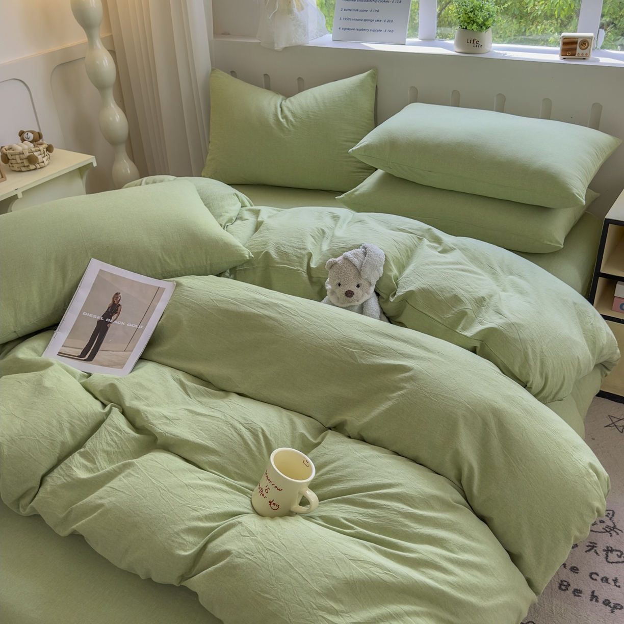 91家纺网 家纺一手货源 找家纺 晚依家纺 2025新款A类全棉色织水洗棉被套单件纯棉格子纯色学生宿舍被罩定制定做 纯色-果绿