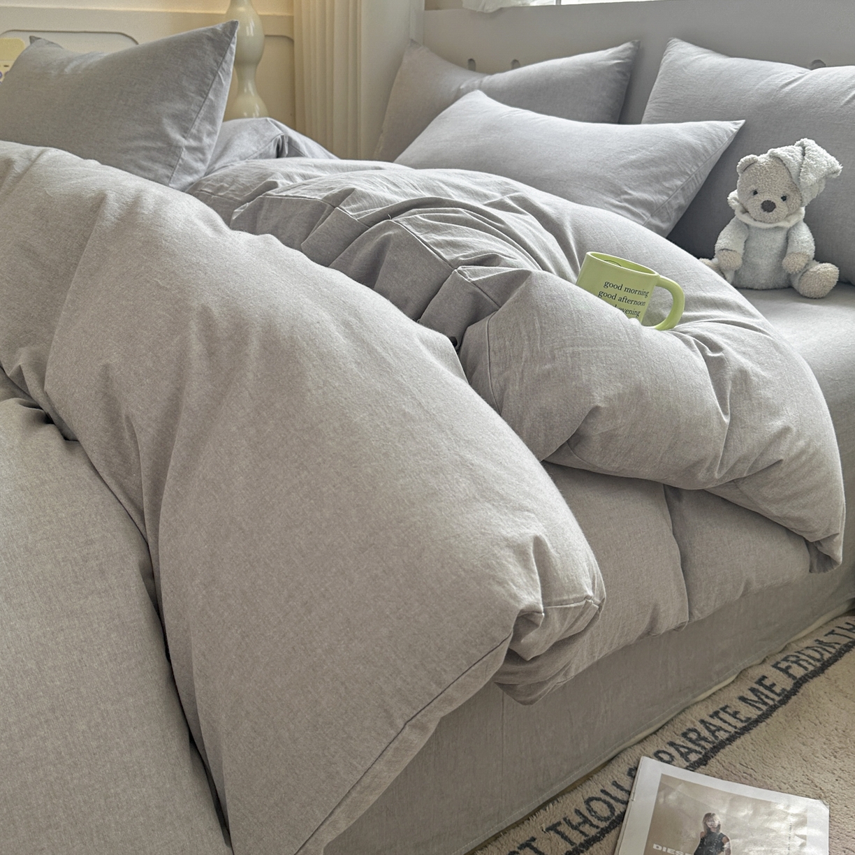 91家纺网 家纺一手货源 找家纺 晚依家纺 2025新款A类全棉色织水洗棉被套单件纯棉格子纯色学生宿舍被罩定制定做 纯色-浅灰