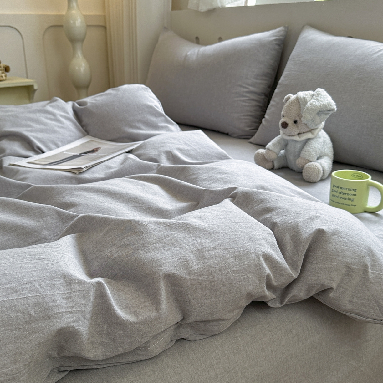 91家纺网 家纺一手货源 找家纺 晚依家纺 2025新款A类全棉色织水洗棉被套单件纯棉格子纯色学生宿舍被罩定制定做 纯色-浅灰