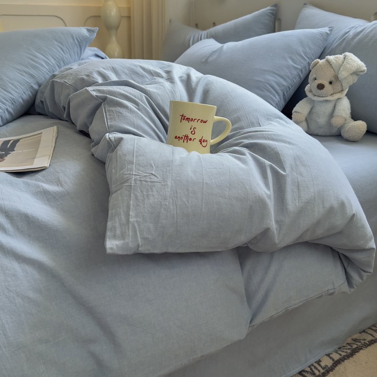 91家纺网 家纺一手货源 找家纺 晚依家纺 2025新款A类全棉色织水洗棉被套单件纯棉格子纯色学生宿舍被罩定制定做 纯色-浅蓝