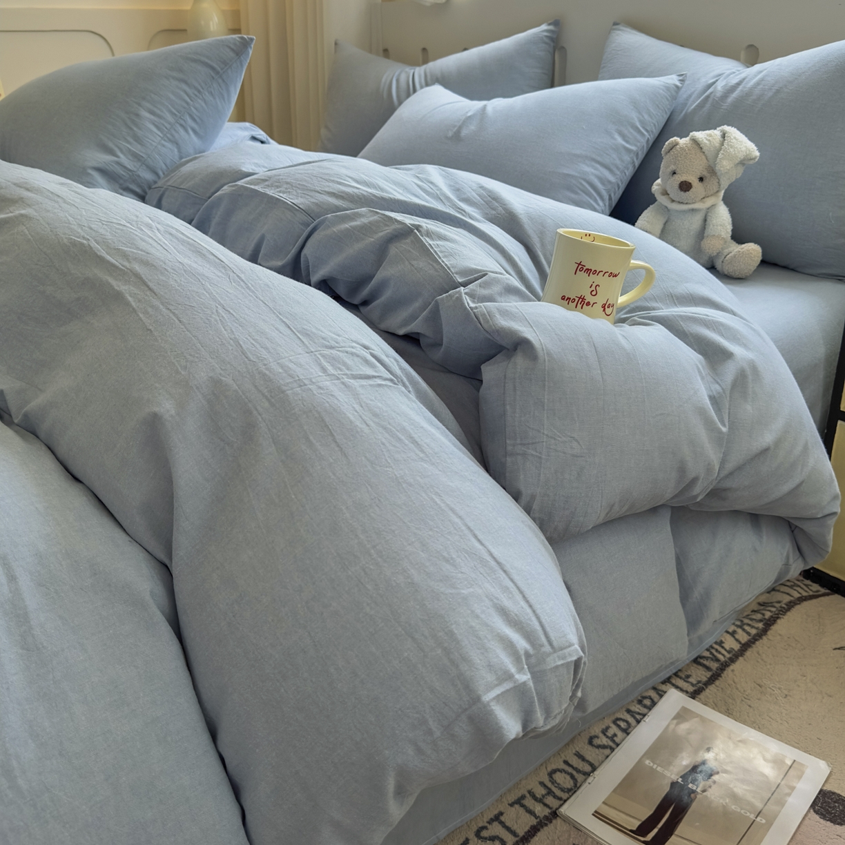 91家纺网 家纺一手货源 找家纺 晚依家纺 2025新款A类全棉色织水洗棉被套单件纯棉格子纯色学生宿舍被罩定制定做 纯色-浅蓝