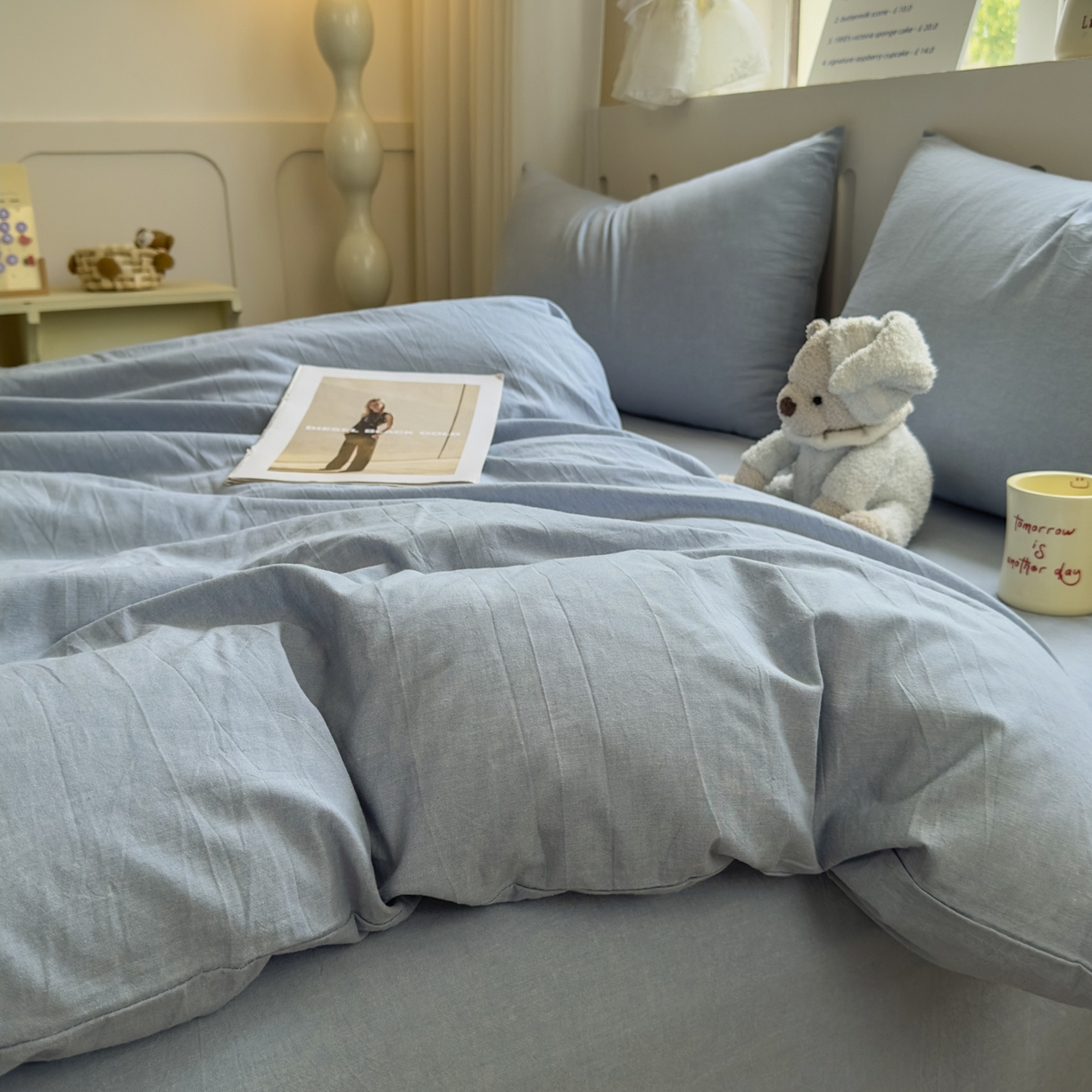 91家纺网 家纺一手货源 找家纺 晚依家纺 2025新款A类全棉色织水洗棉被套单件纯棉格子纯色学生宿舍被罩定制定做 纯色-浅蓝