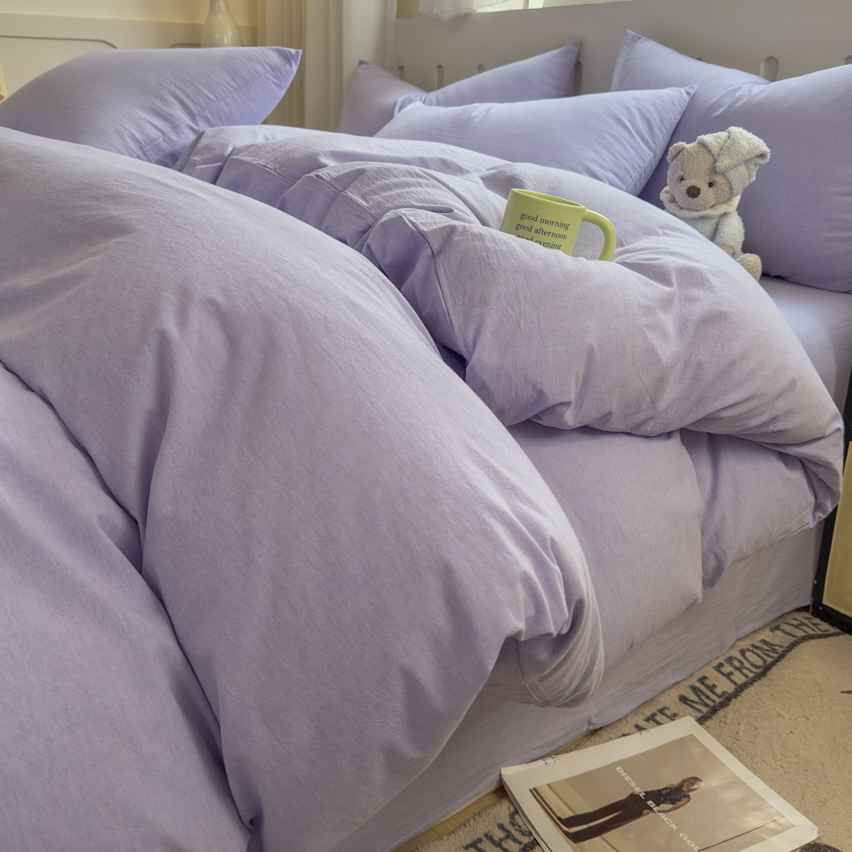 91家纺网 家纺一手货源 找家纺 晚依家纺 2025新款A类全棉色织水洗棉被套单件纯棉格子纯色学生宿舍被罩定制定做 纯色-浅紫