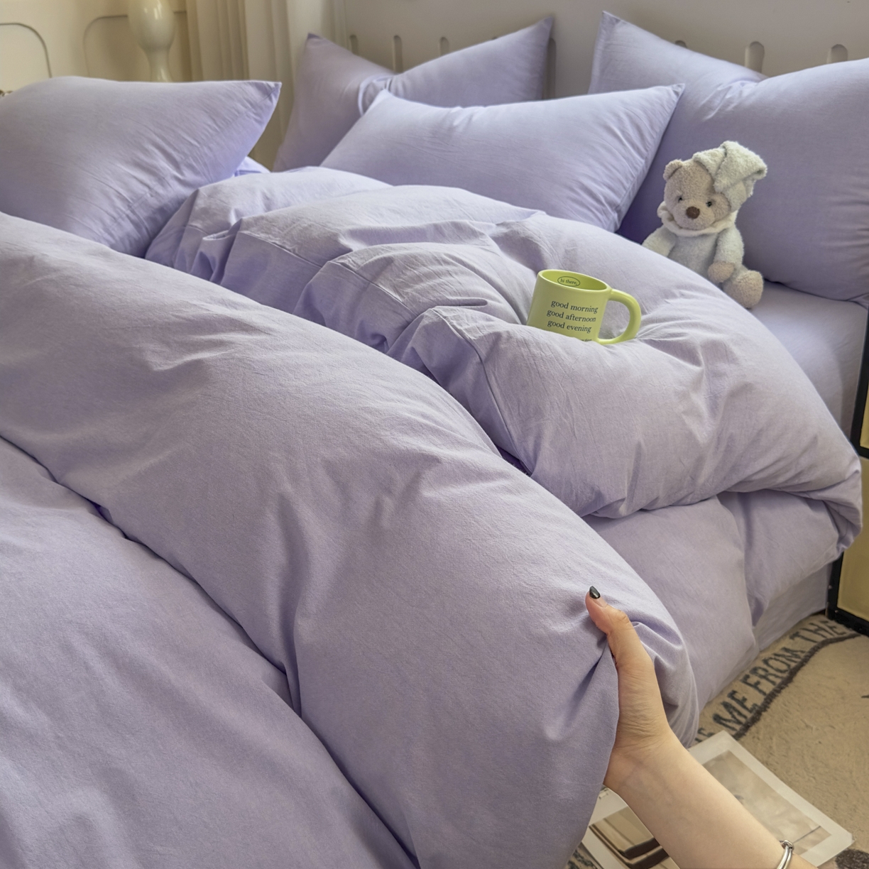 91家纺网 家纺一手货源 找家纺 晚依家纺 2025新款A类全棉色织水洗棉被套单件纯棉格子纯色学生宿舍被罩定制定做 纯色-浅紫