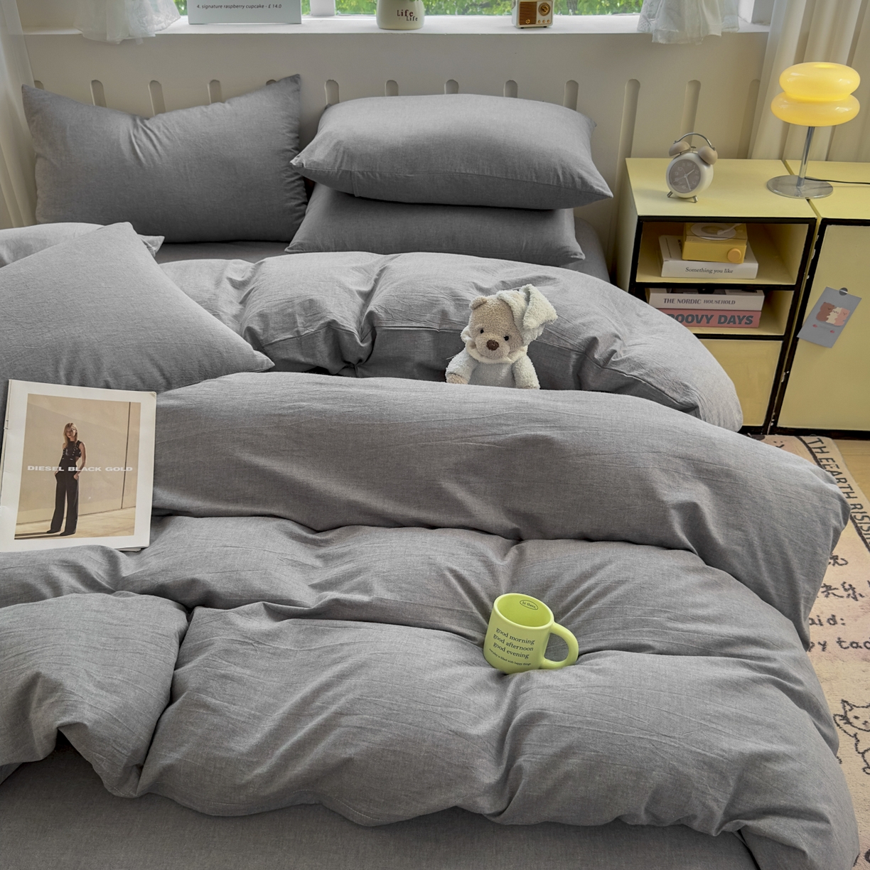 91家纺网 家纺一手货源 找家纺 晚依家纺 2025新款A类全棉色织水洗棉被套单件纯棉格子纯色学生宿舍被罩定制定做 纯色-烟灰