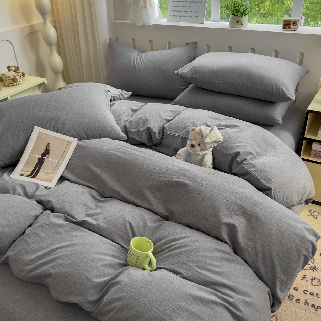 91家纺网 家纺一手货源 找家纺 晚依家纺 2025新款A类全棉色织水洗棉被套单件纯棉格子纯色学生宿舍被罩定制定做 纯色-烟灰