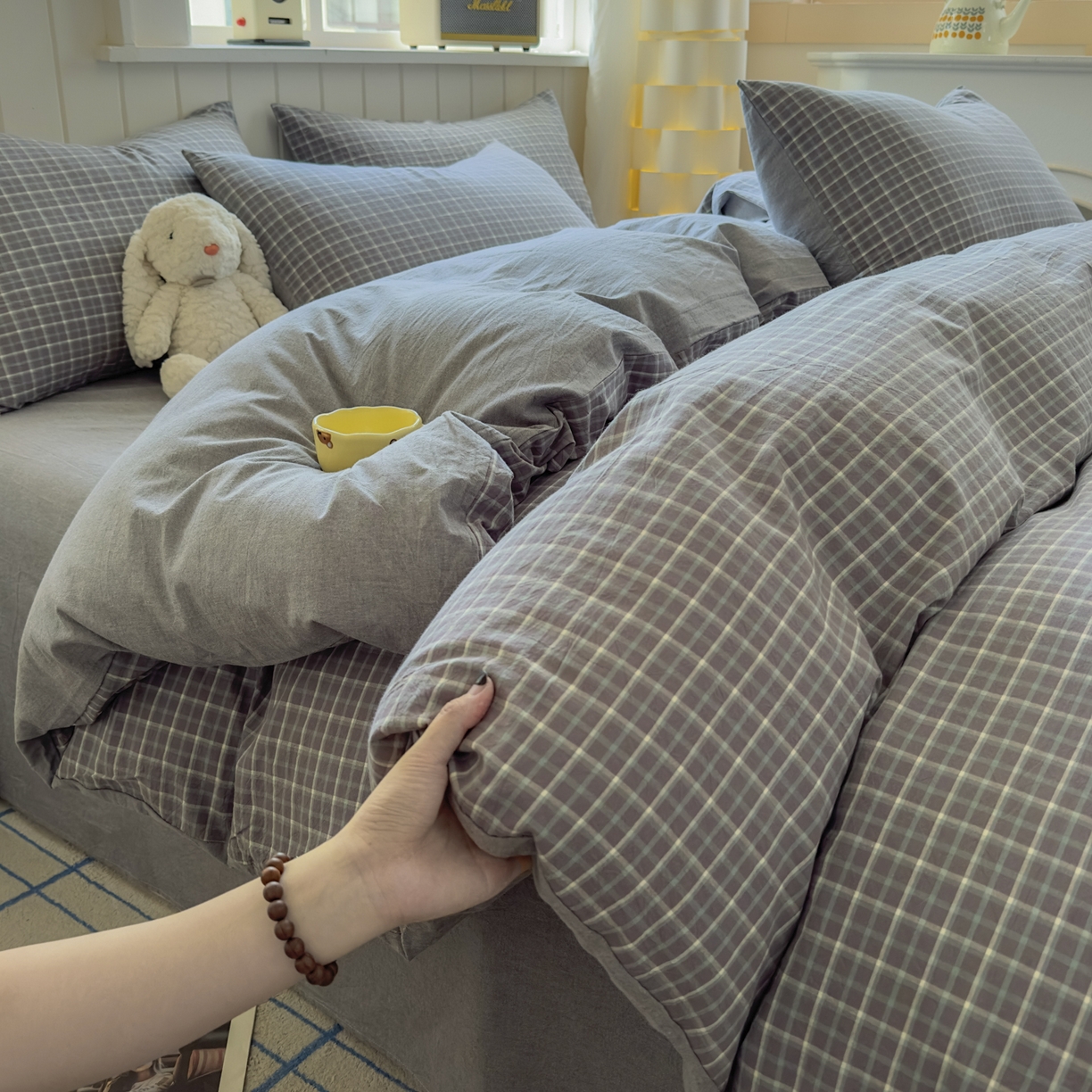 91家纺网 家纺一手货源 找家纺 晚依家纺 2025新款A类全棉色织水洗棉被套单件纯棉格子纯色学生宿舍被罩定制定做 米娜-绿灰